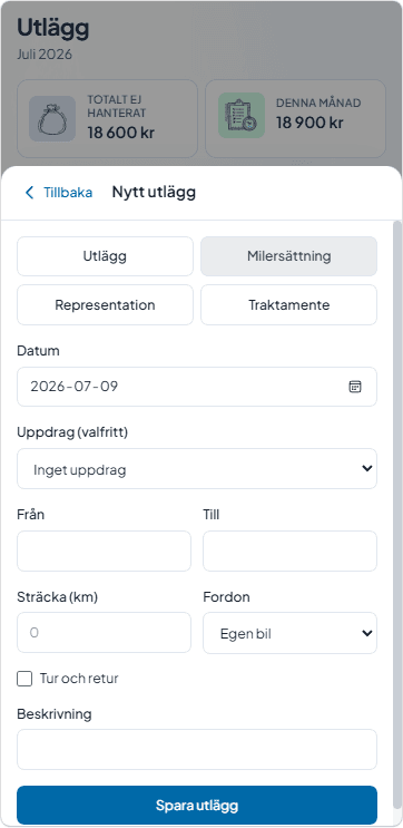 Skärmbild: utläggsregistrering i mobilen