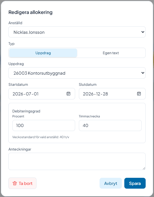 Skärmbild: drag-and-drop av allokering