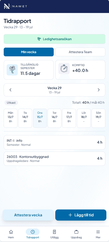 Skärmbild: tidrapportering i mobilen