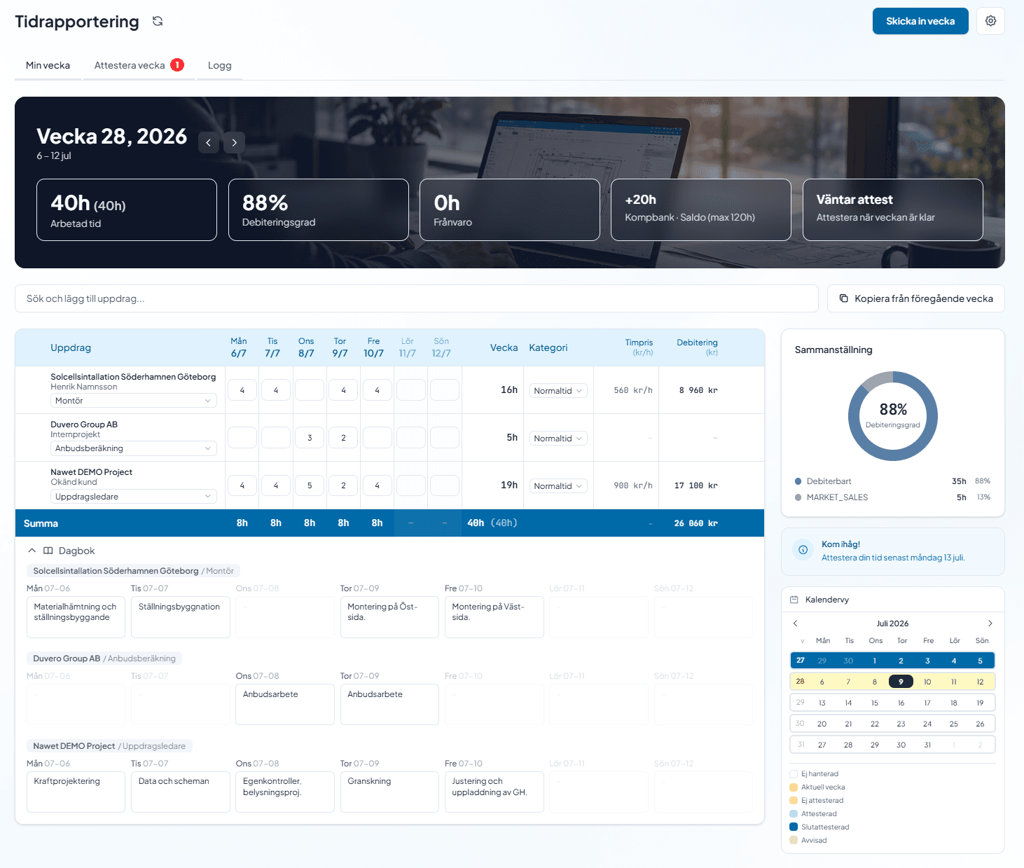 Skärmbild: tidrapportering
