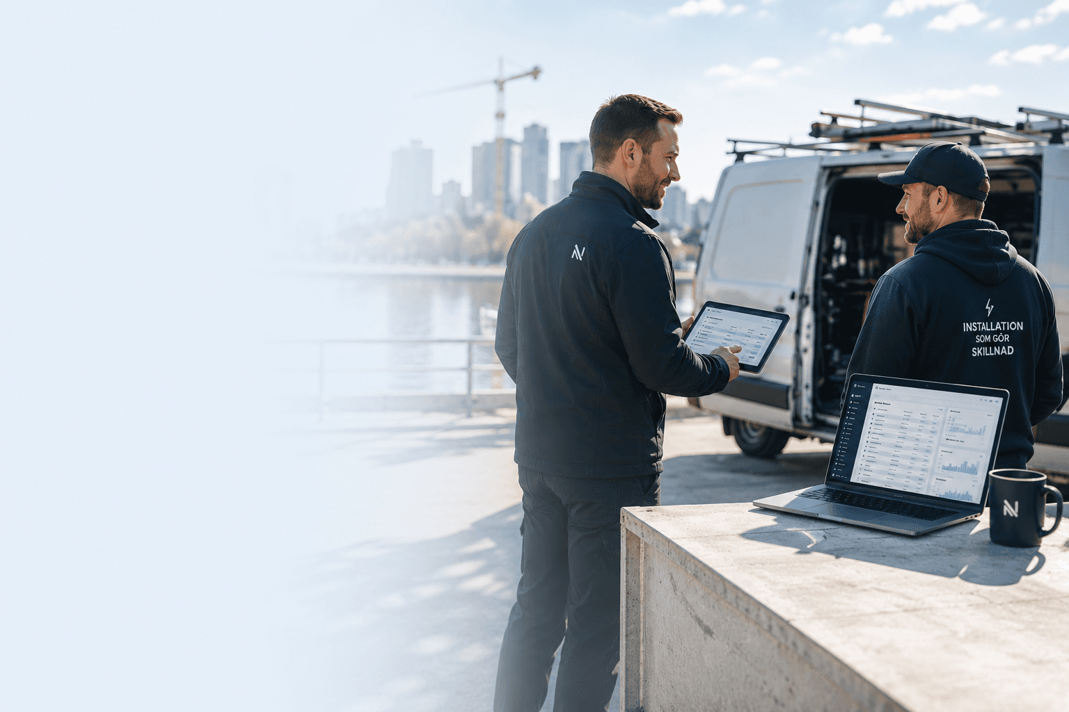 Två installatörer samarbetar vid en servicebil med Nawet öppet på surfplatta och laptop